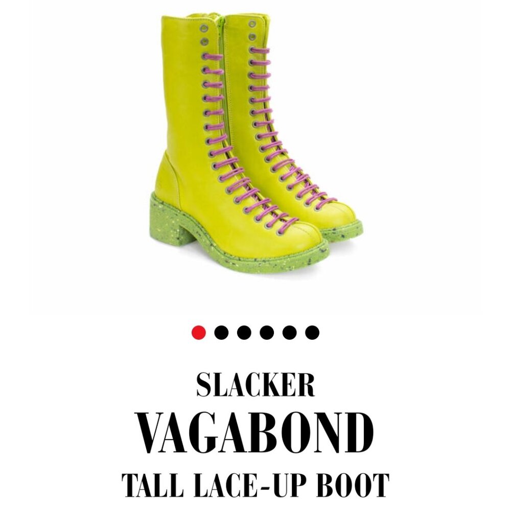 John Fluevog: Slacker: Vagabond boots: Lime green with purple laces: Womens 9.5
